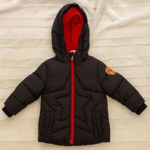 Black Puffer Jacket with Red Mickey Mouse Backpack